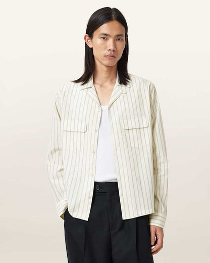 AllSaints Stanley Striped Long Sleeve Shirt Soap White