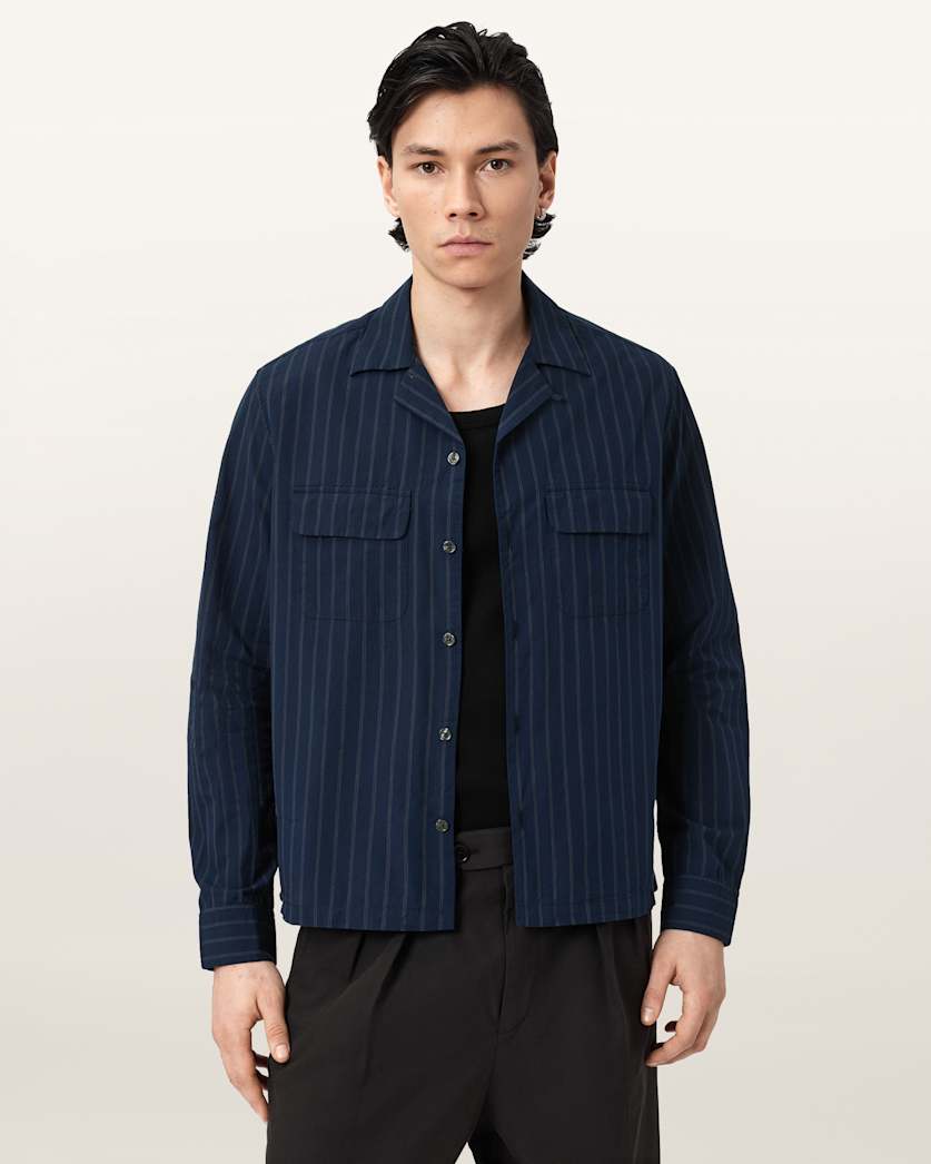 AllSaints Stanley Striped Long Sleeve Shirt Soap White