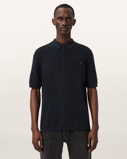 AllSaints Aspen Waffle Texture Ramskull Polo Shirt Moon Grey