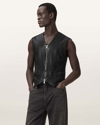 AllSaints Davies Leather Vest Black