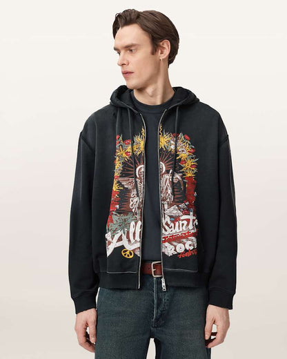 AllSaints Roque Zip Up Graphic Hoodie Washed Black