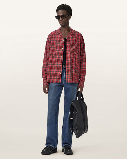 AllSaints Felix Check Long Sleeve Shirt Claret Red
