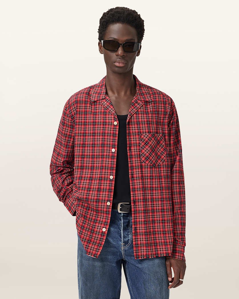 AllSaints Felix Check Long Sleeve Shirt Claret Red