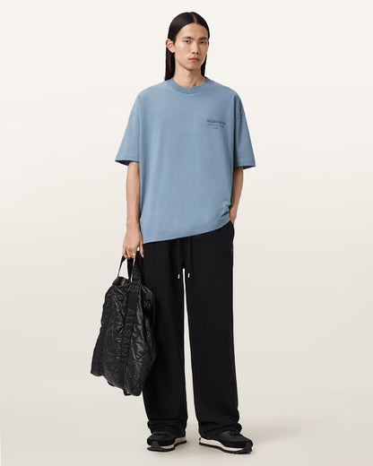 AllSaints Xander Flocked Logo Oversized T Shirt Coastline Blue