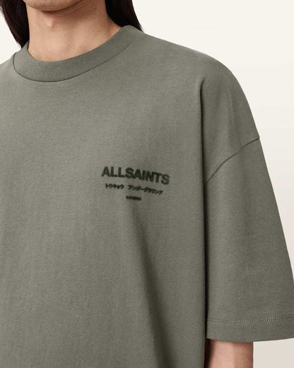 AllSaints Xander Flocked Logo Oversized T Shirt Coastline Blue