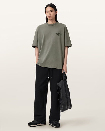 AllSaints Xander Flocked Logo Oversized T Shirt Coastline Blue