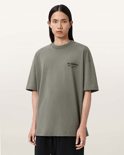 AllSaints Xander Flocked Logo Oversized T Shirt Coastline Blue