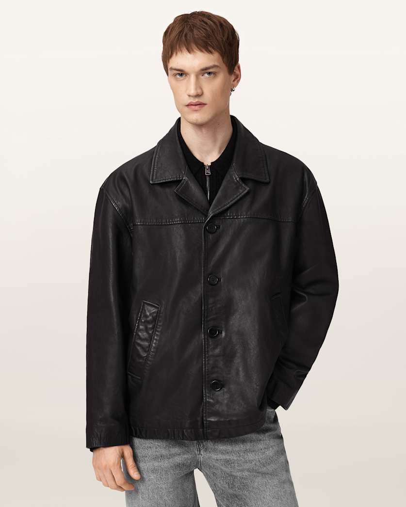 AllSaints Bradwell Boxy Leather Coat Black