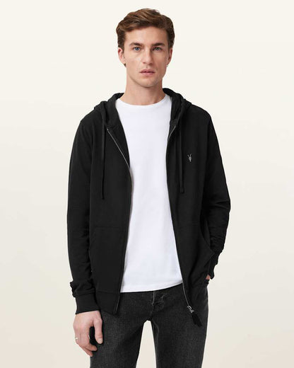 AllSaints Brace Zip Up Brushed Cotton Ramskull Hoodie Jet Black