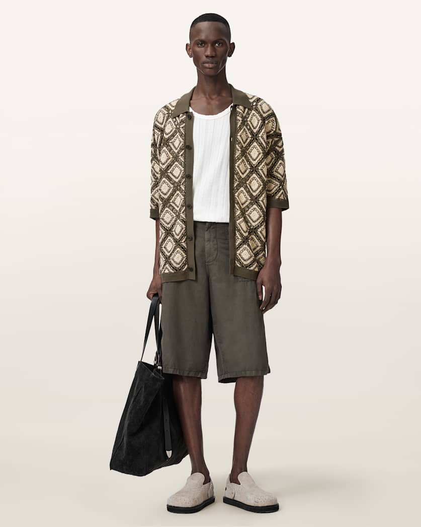 AllSaints Morena Short Sleeve Collared Cardigan Pitch Green