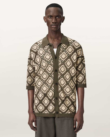 AllSaints Morena Short Sleeve Collared Cardigan Pitch Green