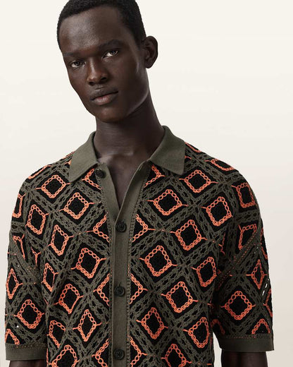 AllSaints Morena Short Sleeve Collared Cardigan Pitch Green