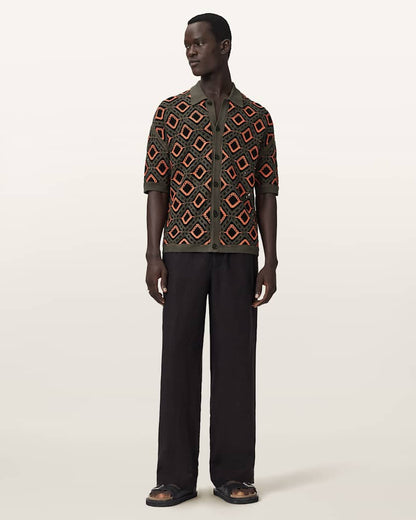 AllSaints Morena Short Sleeve Collared Cardigan Pitch Green
