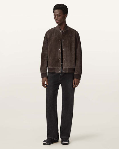 AllSaints Stafford Leather Bomber Jacket Woodland Brown