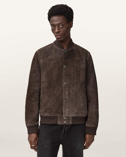 AllSaints Stafford Leather Bomber Jacket Woodland Brown