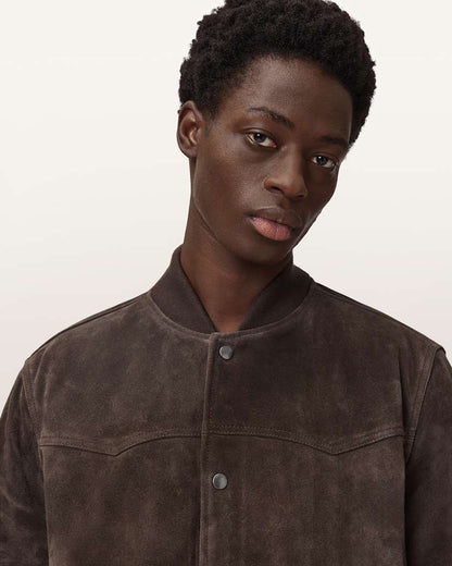 AllSaints Stafford Leather Bomber Jacket Woodland Brown