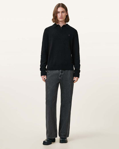 AllSaints Statten Long Sleeve Ramskull Polo Sweater Black