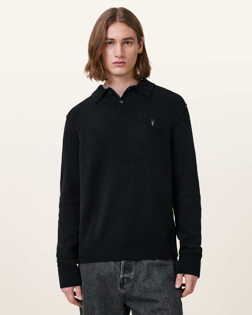AllSaints Statten Long Sleeve Ramskull Polo Sweater Black