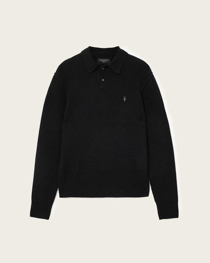AllSaints Statten Long Sleeve Ramskull Polo Sweater Black