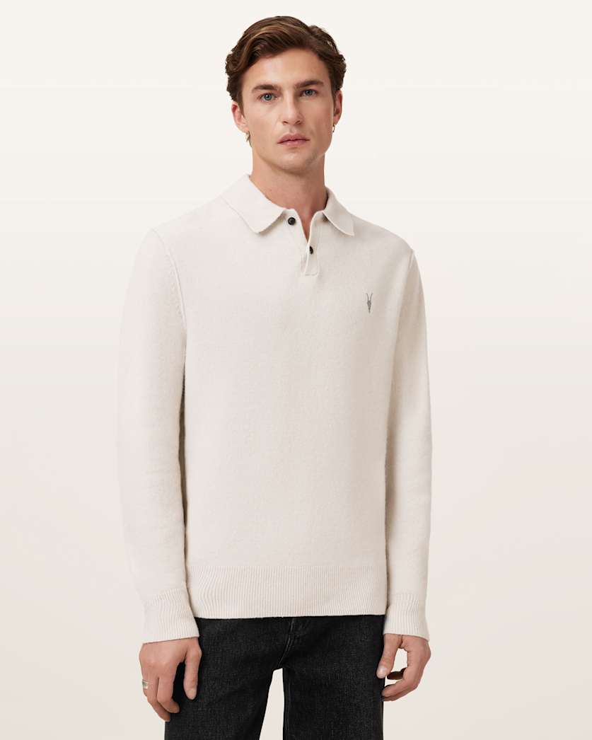 AllSaints Statten Long Sleeve Ramskull Polo Sweater Black