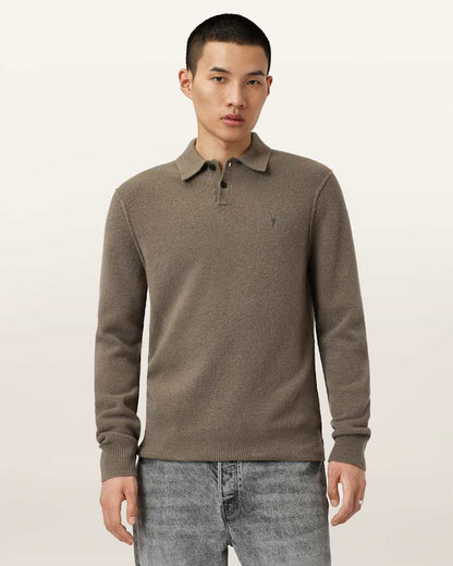 AllSaints Statten Long Sleeve Polo Sweater Dusky Green