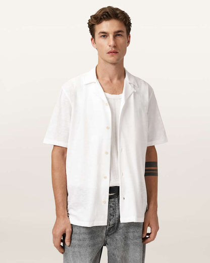 AllSaints Robson Short Sleeve Ramskull Shirt Off White