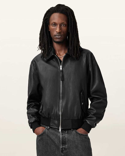 AllSaints Marco Oversized Leather Bomber Jacket Black