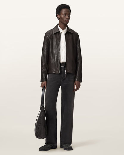 AllSaints Tune Leather Biker Jacket Trail Brown