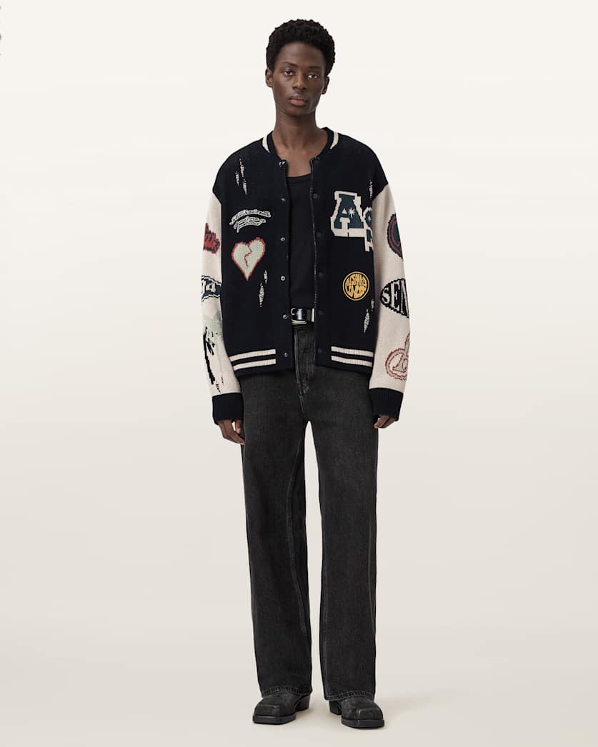 AllSaints Chase Jacquard Knit Cardigan Black/Ecru White