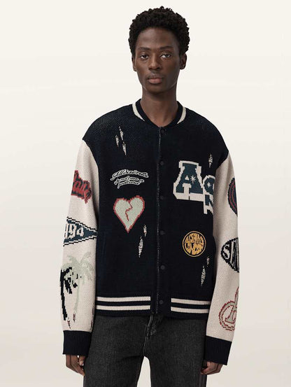 AllSaints Chase Jacquard Knit Cardigan Black/Ecru White