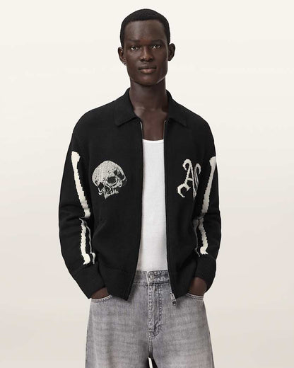 AllSaints Adrian Zip Up Embroided Knitted Cardigan Black