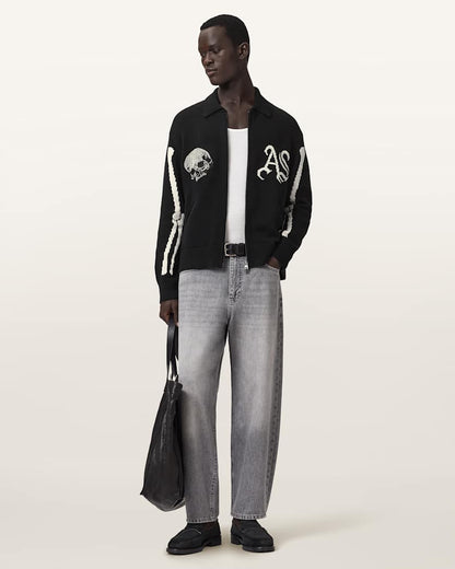 AllSaints Adrian Zip Up Embroided Knitted Cardigan Black