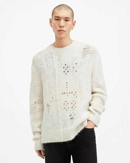 AllSaints Hadwin Distressed Crew Neck Sweater Ecru White