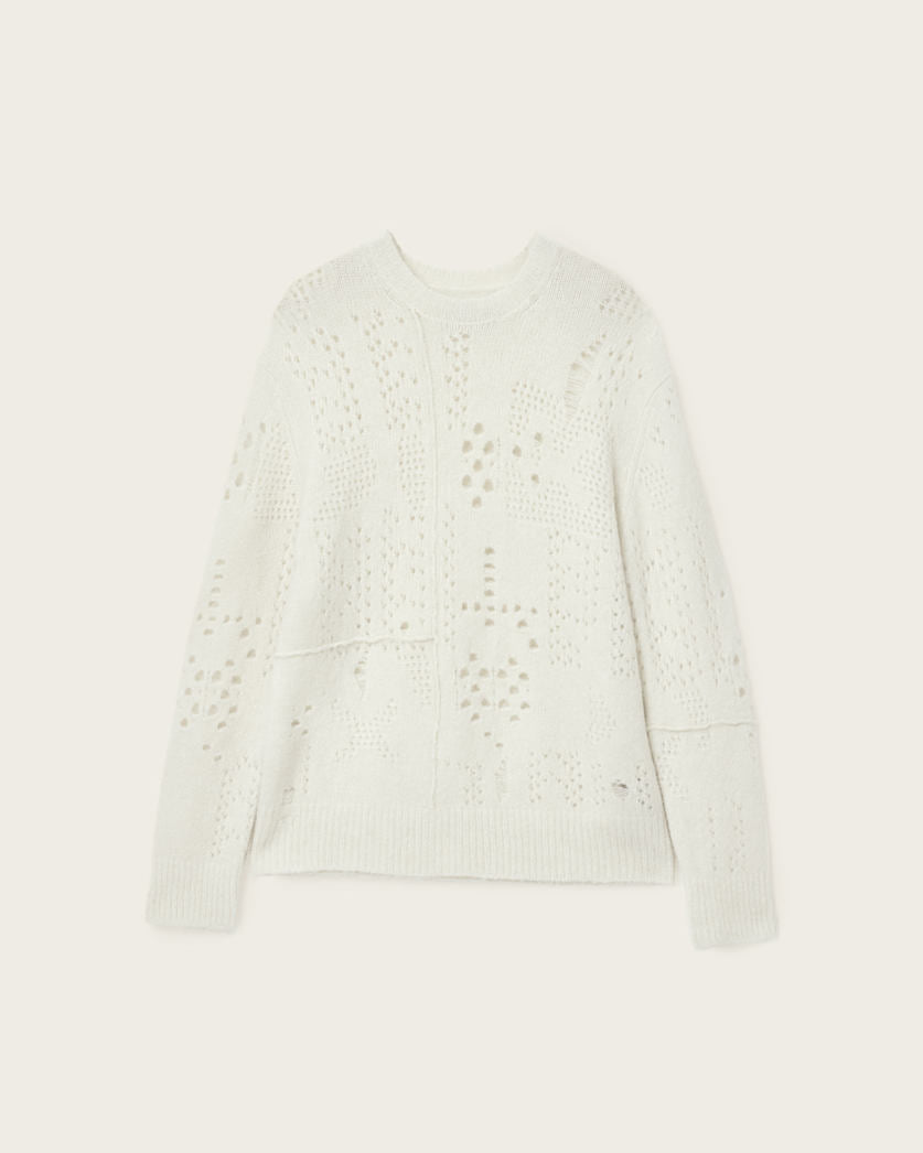 AllSaints Hadwin Distressed Crew Neck Sweater Ecru White