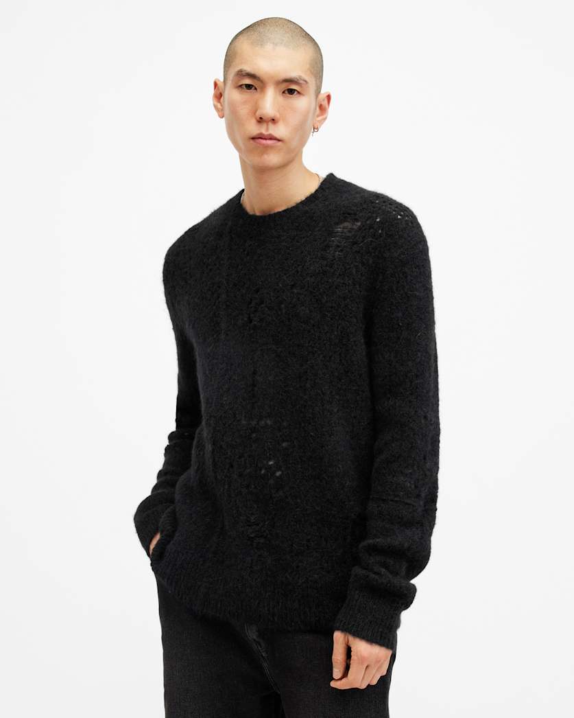 AllSaints Hadwin Distressed Crew Neck Sweater Ecru White