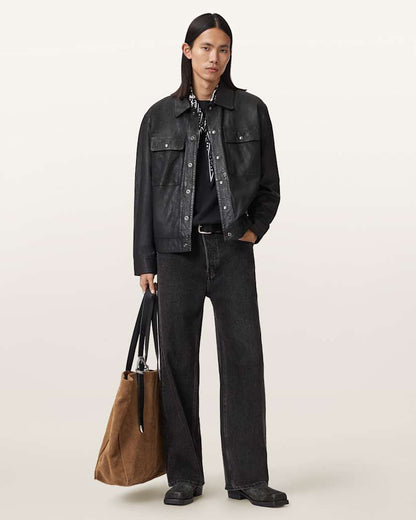 AllSaints Shelton Leather Trucker Jacket Black