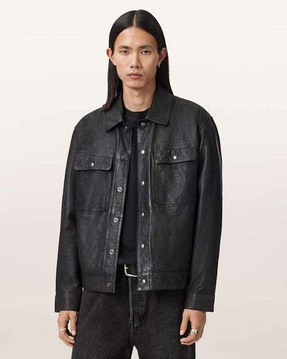 AllSaints Shelton Leather Trucker Jacket Black