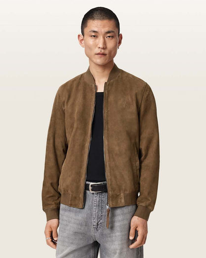 AllSaints Morten Relaxed Fit Suede Bomber Jacket Karoo Brown