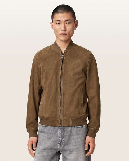 AllSaints Morten Relaxed Fit Suede Bomber Jacket Karoo Brown