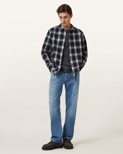 AllSaints Haven Check Long Sleeve Shirt Azzurra Blue