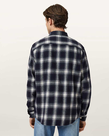 AllSaints Haven Check Long Sleeve Shirt Azzurra Blue