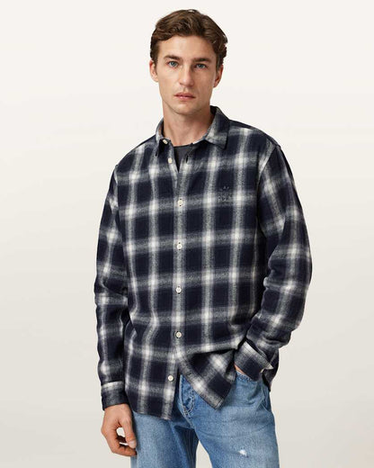 AllSaints Haven Check Long Sleeve Shirt Azzurra Blue