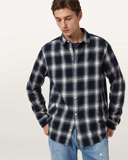 AllSaints Haven Check Long Sleeve Shirt Azzurra Blue