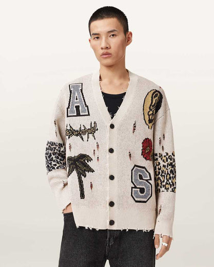 AllSaints Foxx Jacquard Oversized Cardigan Ecru White