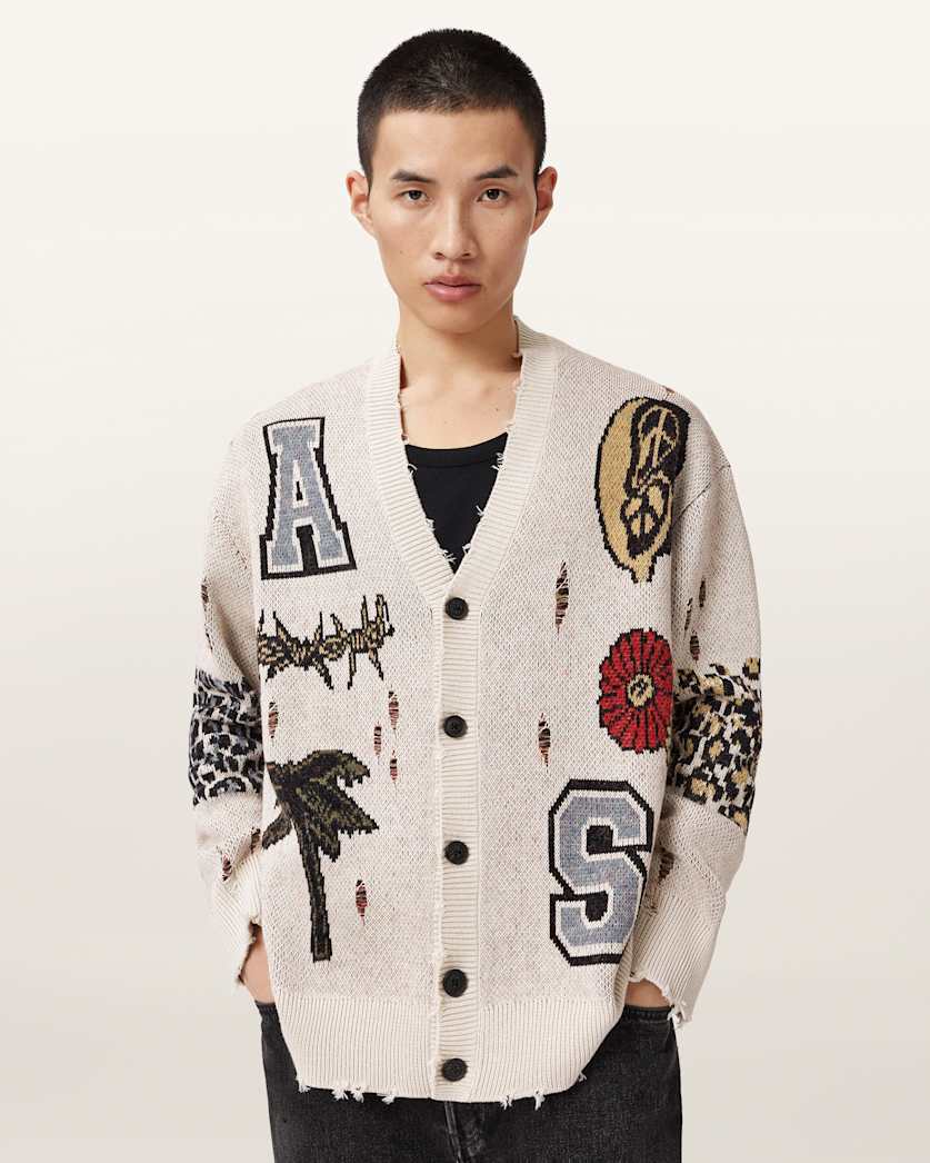 AllSaints Foxx Jacquard Oversized Cardigan Ecru White