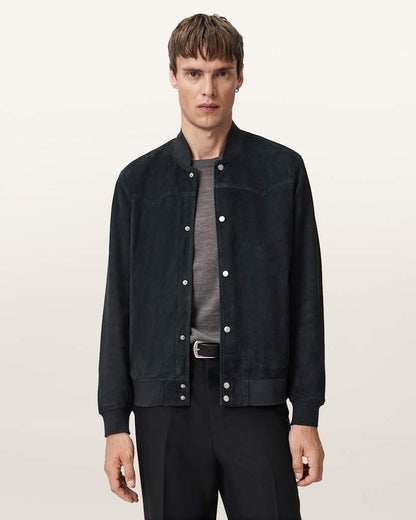 AllSaints Stafford Suede Bomber Jacket Phantom Blue
