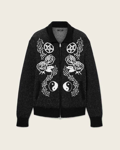 AllSaints Warner Jacquard Wool Cardigan Cinder Black/White