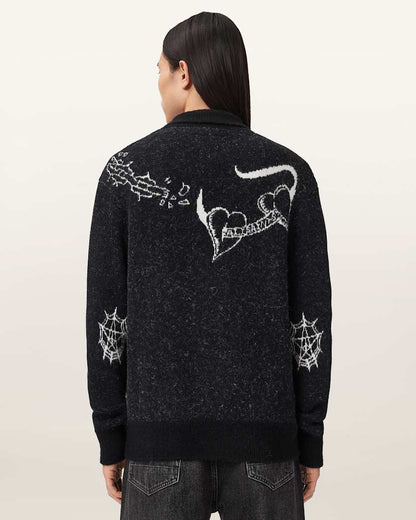 AllSaints Warner Jacquard Wool Cardigan Cinder Black/White