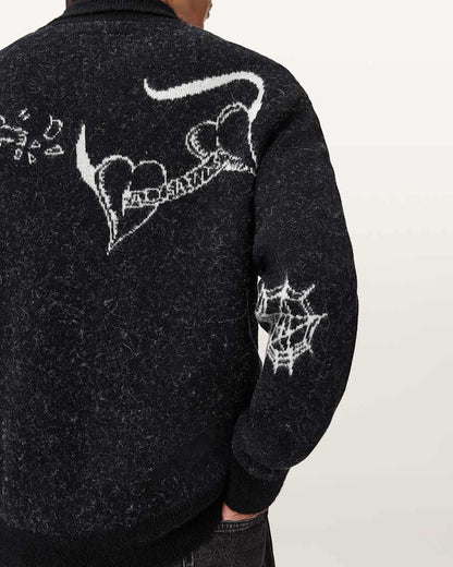 AllSaints Warner Jacquard Wool Cardigan Cinder Black/White