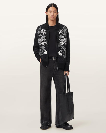 AllSaints Warner Jacquard Wool Cardigan Cinder Black/White